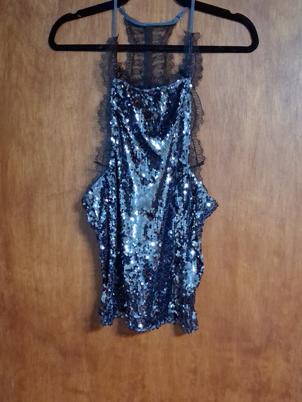 Women’s Black Sequin Halter Camisole with Lace Trim